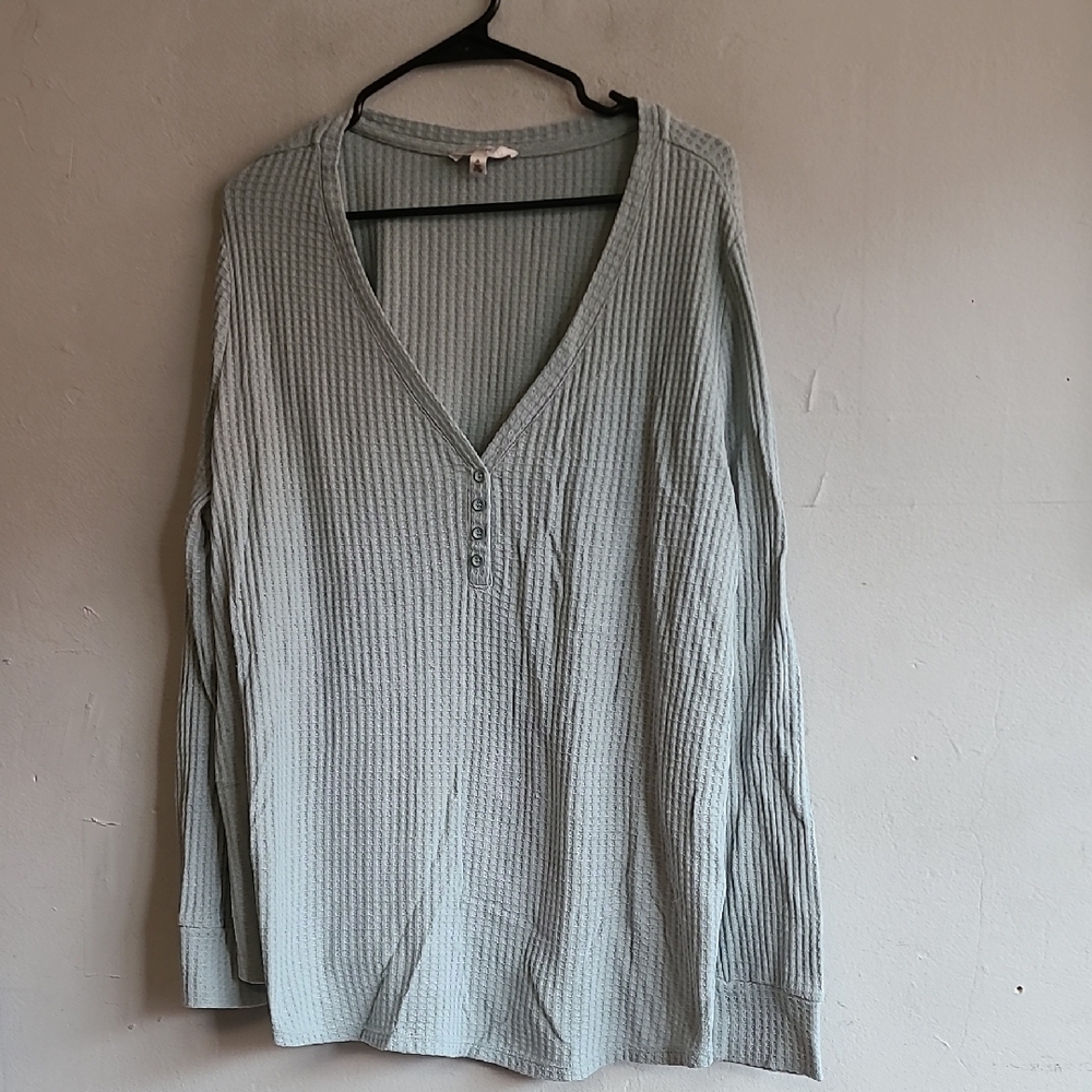 Women's 3X mint green waffle thermal long sleeve shirt henley v-neck